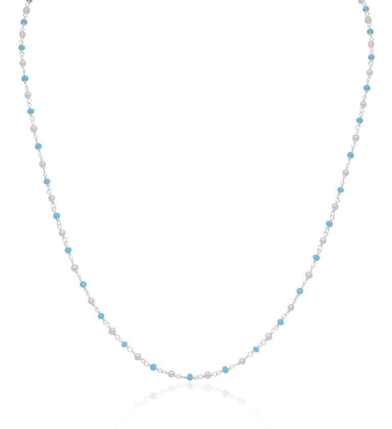 Gehna Jaipur Blue Onyx & Pearl Color Zirconia Stone Beads Rosary Chain (Blue & Cream) For Girls & Women CC-1116
