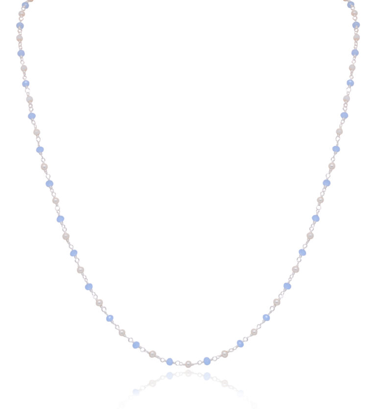 Gehna Jaipur Pearl & Chalcedony Color Zirconia  Beads Rosary Chain (Blue & Cream) For Girls & Women CC-1118