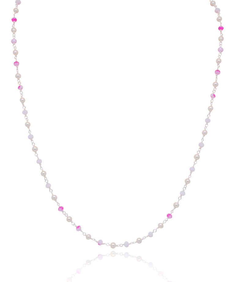 Gehna Jaipur Pink, White & Pearl Color Zirconia Beaded Rosary Chain (Multi Color) For Girls & Women CC-1119