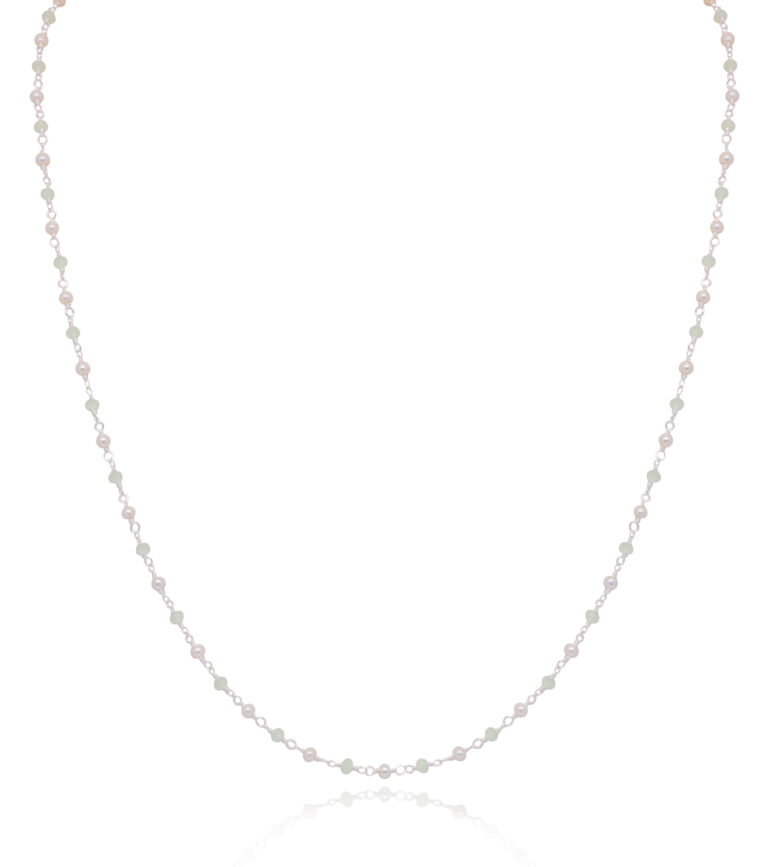 Gehna Jaipur Pearl & Green Chalcedony Color Zirconia Faceted Beads Rosary Chain (Green & Cream) For Girls & Women CC-1120