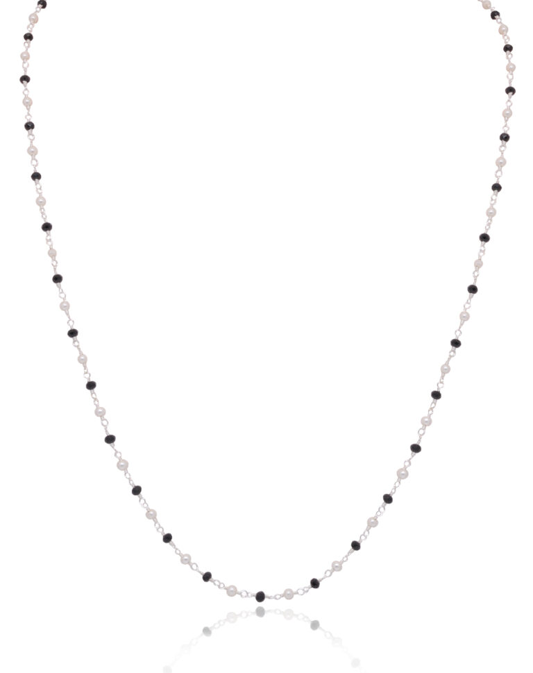 Gehna Jaipur Pearl & Black Spinel Color Zirconia  Beads Rosary Chain (Black & Cream) For Girls & Women CC-1121