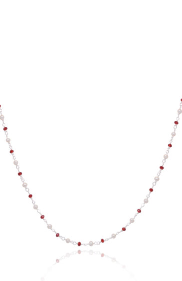 Gehna Jaipur Pearl & Red Garnet Color Zirconia  Beads Rosary Chain (Red & Cream) For Girls & Women CC-1122