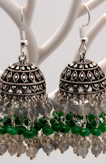 Gehna Jaipur Emerald & Labradorite Gemstone Studded Jhumki In Silver For Girls & Women GE06-1157