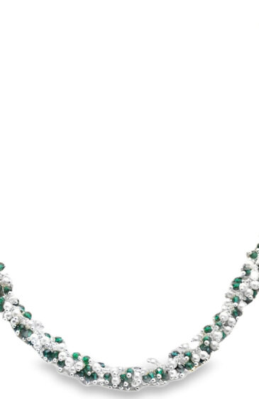 Gehna Jaipur Pearl & Emerald Color Zirconia Bead Necklace Silver Rhodium Plating For Girls & Women CC-1170