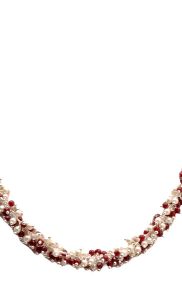 Gehna Jaipur Pearl & Red Garnet Color Zirconia Bead Necklace Silver Rhodium Plating For Girls & Women CC-1173