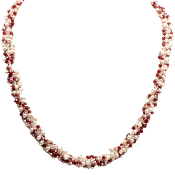 Gehna Jaipur Pearl & Red Garnet Color Zirconia Bead Necklace Silver Rhodium Plating For Girls & Women CC-1173
