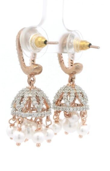 Gehna Jaipur Pearl & Cubic Zirconia Danglers Jhumki Style Rose Gold Polished Earrings  For Girls & Women FE-1396