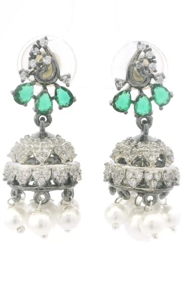 Gehna Jaipur Pearl Emerald & Cubic Zirconia Danglers Jhumki Style Earrings  For Girls & Women For Girls & Women FE-1397