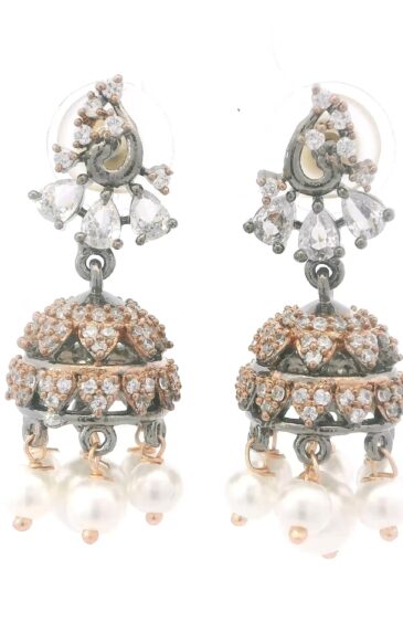 Gehna Jaipur Pearl & Cubic Zirconia Danglers Jhumki Style Rose Gold Plated Earrings  For Girls & Women FE-1398