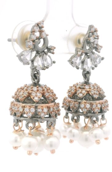 Gehna Jaipur Pearl & Cubic Zirconia Danglers Jhumki Style Rose Gold Plated Earrings  For Girls & Women FE-1398
