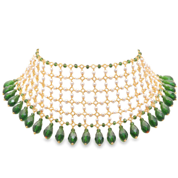 Gehna Jaipur Pearl & Emerald Color Zirconia Beads Necklace Gold Rhodium Plating For Girls & Women CC-1200