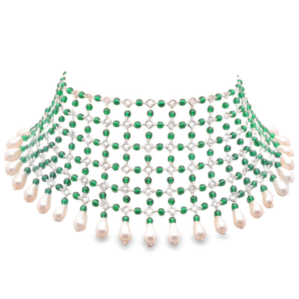 Gehna Jaipur Pearl & Emerald Color Zirconia Beads Necklace Silver Rhodium Plating For Girls & Women CC-1202