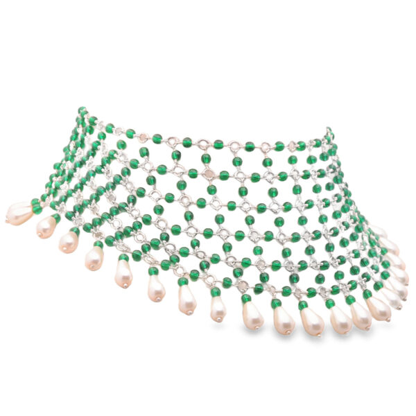 Gehna Jaipur Pearl & Emerald Color Zirconia Beads Necklace Silver Rhodium Plating For Girls & Women CC-1202