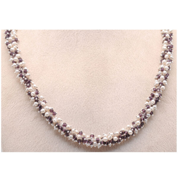 Gehna Jaipur Pearl, Amethyst Color Zirconia Bead Necklace Set Silver Rhodium Plating For Girls & Women CC-1210