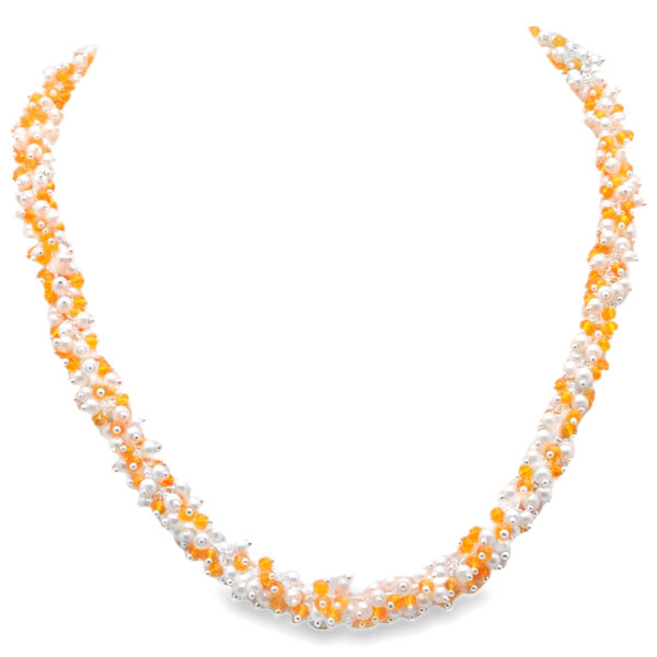 Gehna Jaipur Pearl & Mandarin Garnet Color Zirconia Beads Necklace Set For Girls & Women CC-1211