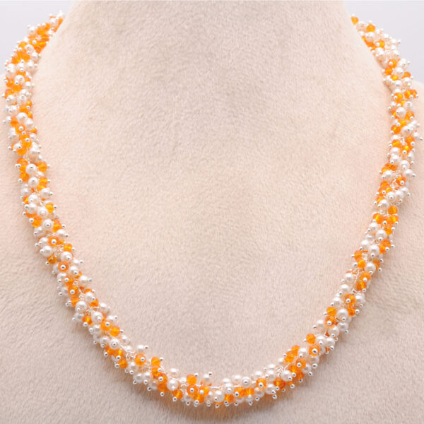 Gehna Jaipur Pearl & Mandarin Garnet Color Zirconia Beads Necklace Set For Girls & Women CC-1211