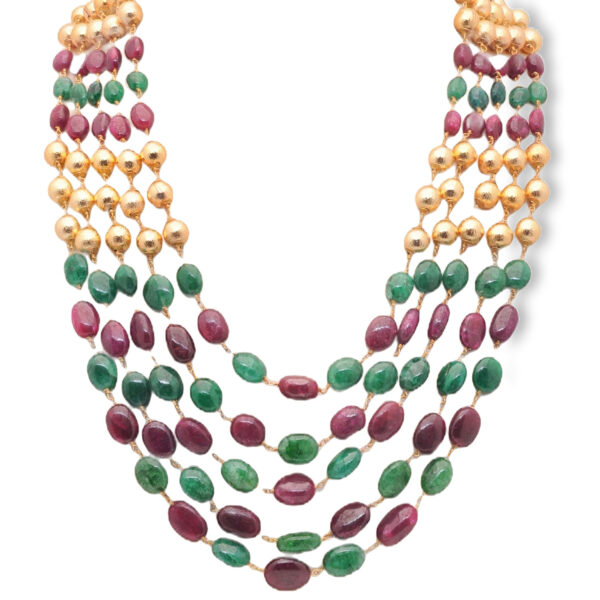 Gehna Jaipur 5 Rows Of Emerald Ruby & Golden Balls Necklace & Earrings For Girls & Women CP-1083