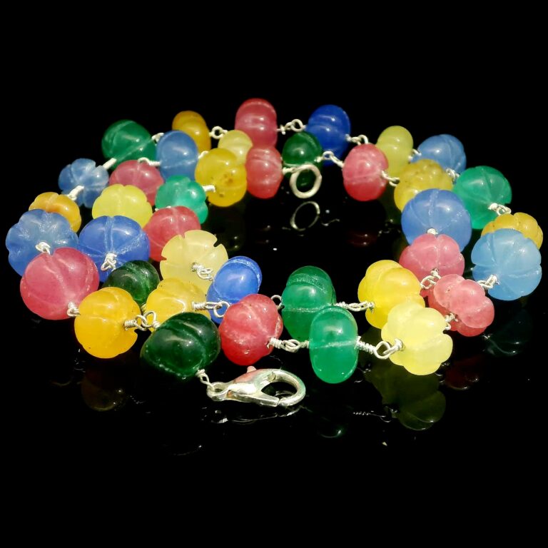 Gehna Jaipur Emerald,Ruby,Sapphire Gemstone Pumpkin Shape Bead Chain Knotted In Silver For Girls & Women CP-1087