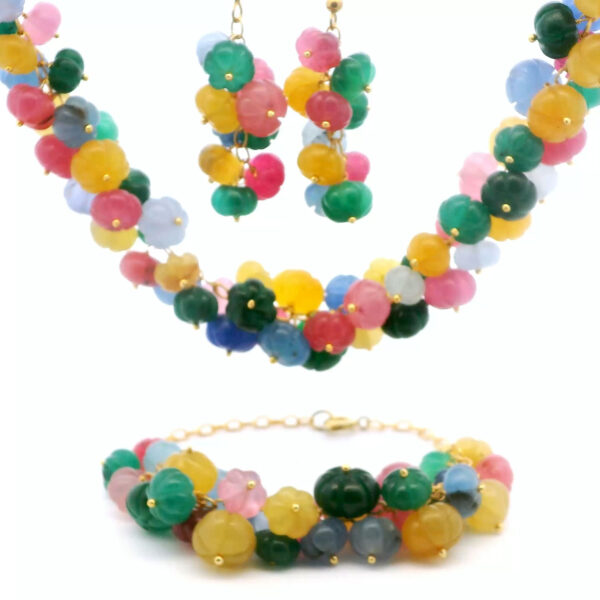 Gehna Jaipur Emerald,Ruby,Sapphire Gemstone Pumpkin Shape Bead Necklace Set In Gold Plated For Girls & Women CP-1089