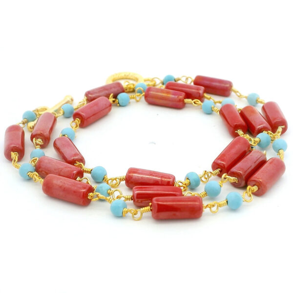 Gehna Jaipur Turquoise & Red Jasper Gemstone Tube Shape Bead Chain Knotted In Gold Plated  For Girls & Women CP-1090