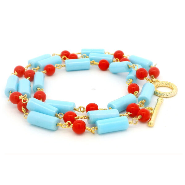 Gehna Jaipur Red Jasper & Turquoise Gemstone Tube Shape Bead Chain Knotted In Gold Plated  For Girls & Women CP-1091