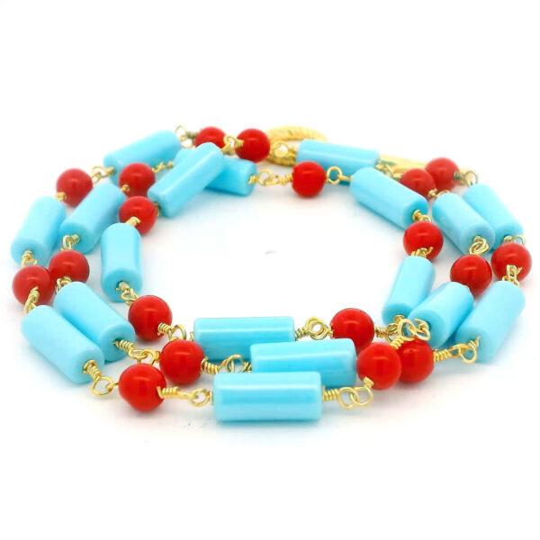 Gehna Jaipur Red Jasper & Turquoise Gemstone Tube Shape Bead Chain Knotted In Gold Plated  For Girls & Women CP-1091