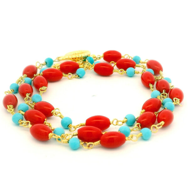 Gehna Jaipur Turquoise & Red Jasper Gemstone Oval Shape Bead Chain Knotted In Gold Plated  For Girls & Women CP-1092