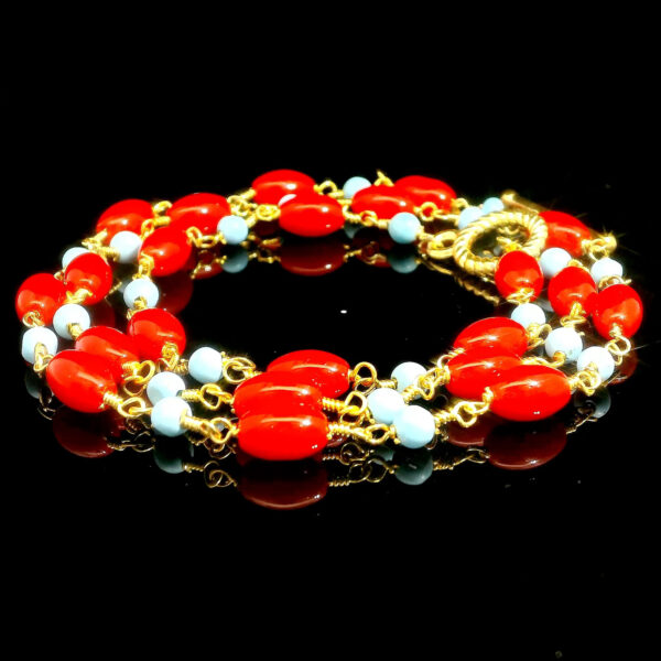 Gehna Jaipur Turquoise & Red Jasper Gemstone Oval Shape Bead Chain Knotted In Gold Plated  For Girls & Women CP-1092