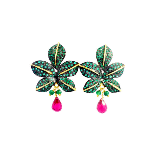 Gehna Jaipur Ruby & Emerald Gemstone Studded Flower Shape Earrings In Sterling Silver For Girls & Women SE01-1097