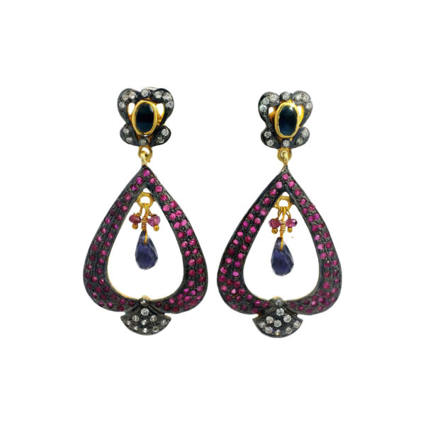 Gehna Jaipur Ruby & Blue Sapphire Gemstone Studded 925 Sterling Silver Earring For Girls & Women SE01-1098