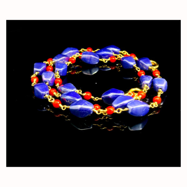 Gehna Jaipur Red Jasper & Lapis Lazuli Gemstone Chain In .925 Sterling Silver Gold Finish For Girls & Women CS-1235