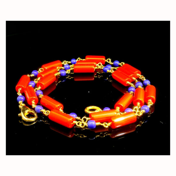 Gehna Jaipur Red Jasper & Lapis Lazuli Gemstone Chain In .925 Sterling Silver Gold Finish For Girls & Women CS-1236