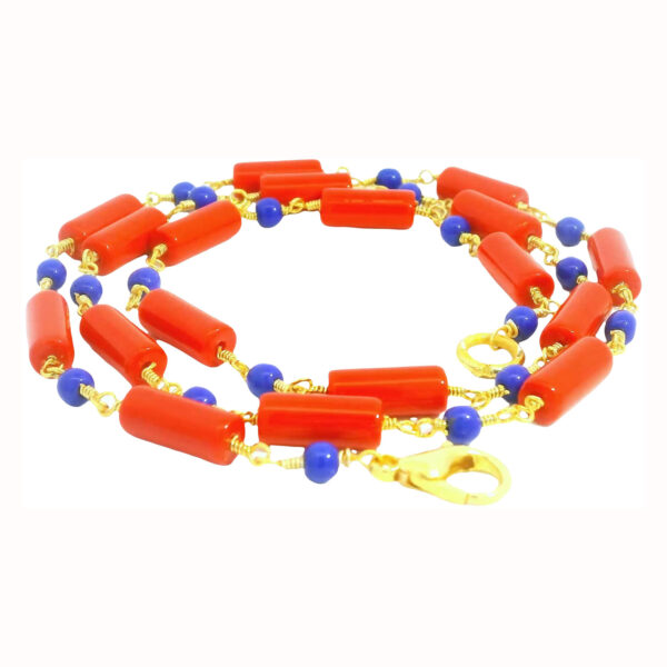 Gehna Jaipur Red Jasper & Lapis Lazuli Gemstone Chain In .925 Sterling Silver Gold Finish For Girls & Women CS-1236