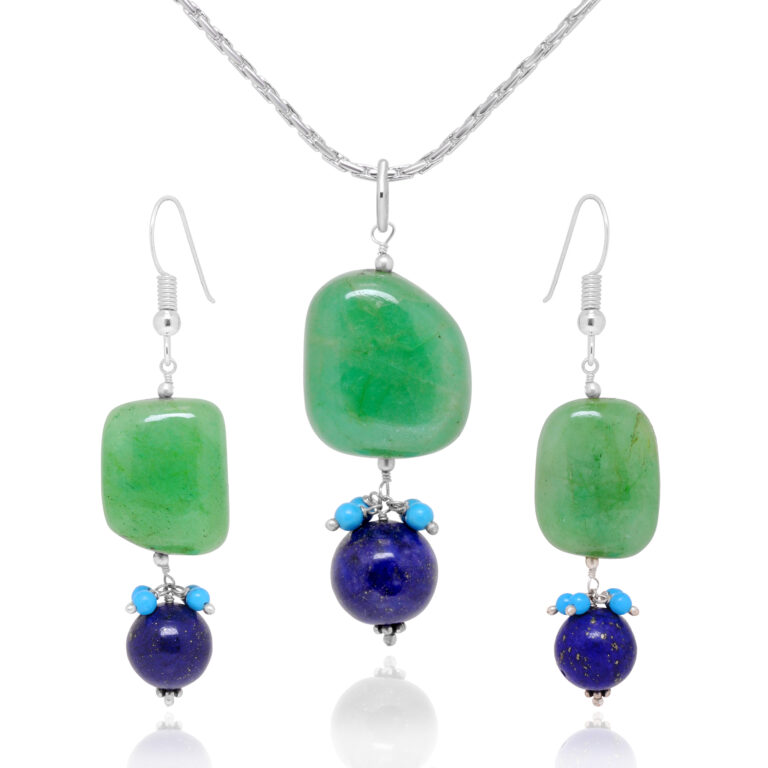Gehna Jaipur Emerald, Turquoise & Lapis Lazuli Gemstone Beaded Pendant & Earring Set For Girls & Women BP-1001