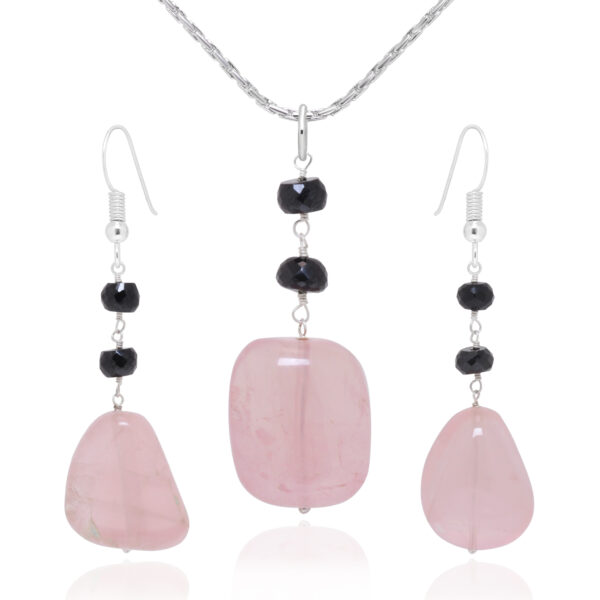 Gehna Jaipur Rose Quartz & Black Spinel Gemstone Beaded Pendant & Earring Set For Girls & Women BP-1002