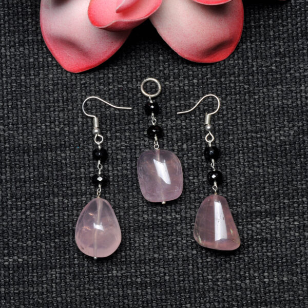 Gehna Jaipur Rose Quartz & Black Spinel Gemstone Beaded Pendant & Earring Set For Girls & Women BP-1002