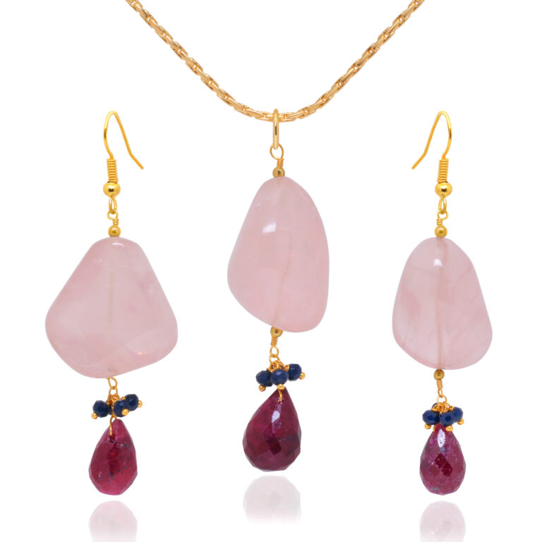 Gehna Jaipur Ruby, Rose Quartz & Blue Sapphire Gemstone Beaded Pendant & Earring Set For Girls & Women BP-1003