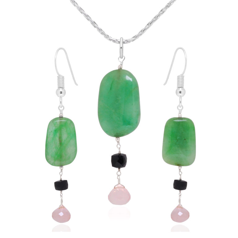 Gehna Jaipur Emerald, Spinel & Rose Quartz Gemstone Beaded Pendant & Earring Set For Girls & Women BP-1004