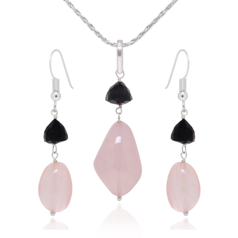 Gehna Jaipur Black Spinel & Rose Quartz Gemstone Beaded Pendant & Earring Set For Girls & Women BP-1005