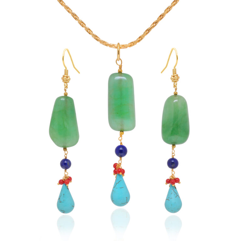 Gehna Jaipur Emerald, Lapis Lazuli & Turquoise Gemstone Beaded Pendant & Earring Set For Girls & Women BP-1006