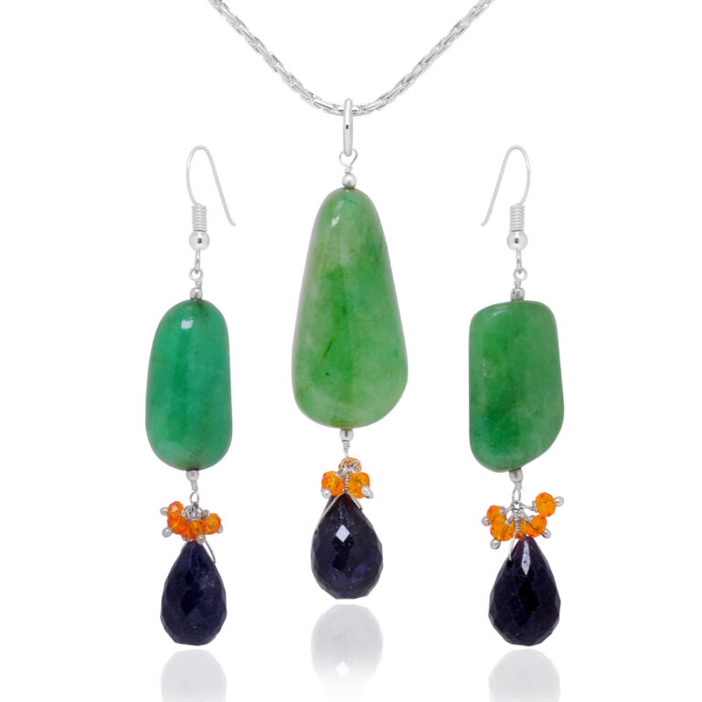 Gehna Jaipur Emerald, Citrine & Blue Sapphire Gemstone Beaded Pendant & Earring Set For Girls & Women BP-1007