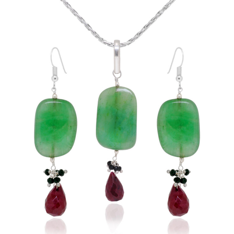 Gehna Jaipur Emerald, Spinel & Ruby Gemstone Beaded Pendant & Earring Set For Girls & Women BP-1008