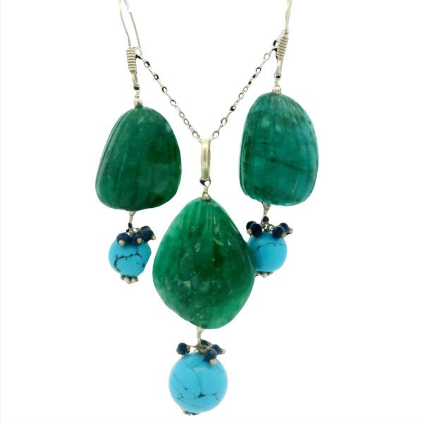 Gehna Jaipur Turquoise & Emerald Gemstone Carving Tumbles Pendant & Earring Set  For Girls & Women BP-1013