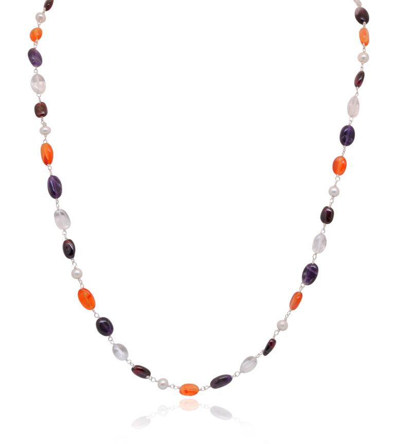 Gehna Jaipur Carnelian, Pearl & Amethyst Gemstone Necklace In Silver For Unisex