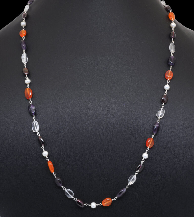 Gehna Jaipur Carnelian, Pearl & Amethyst Gemstone Necklace In Silver For Unisex