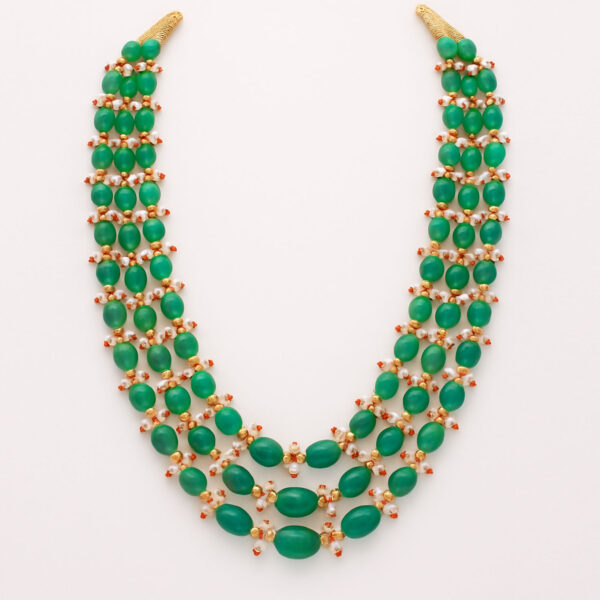 Gehna Jaipur 3 Rows Necklace Of Pearl & Emerald Gemstone Beads Made In Silver For Girls & Women CM-1157