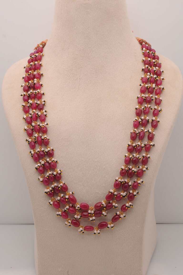 Gehna Jaipur 3 Rows Necklace Of Pearl & Ruby Gemstone Beads Made In Silver For Girls & Women CM-1158