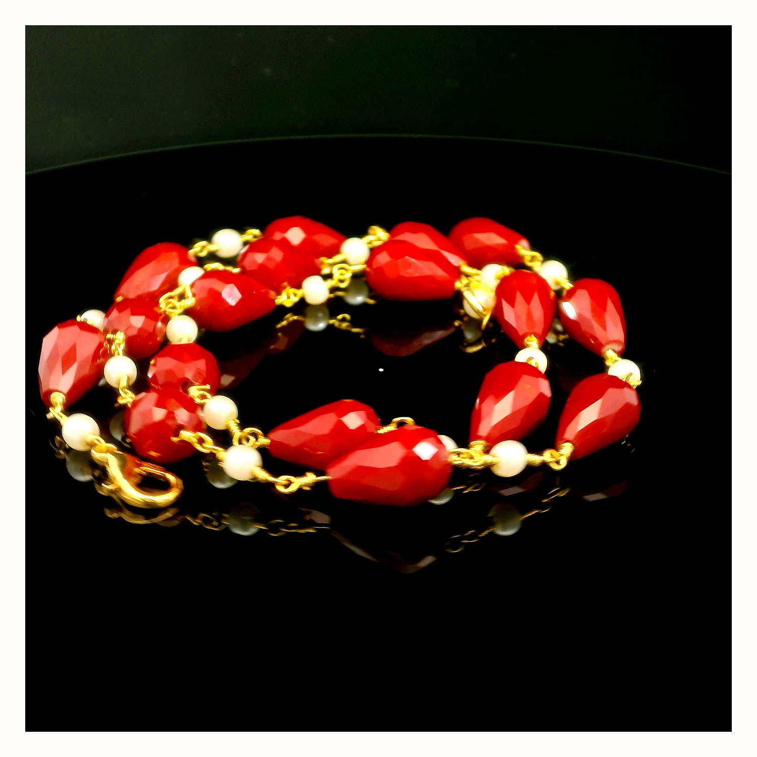 Gehna Jaipur Pearl & Ruby Gemstone Drop Beads Necklace Made In Gold Plated For Girls & Women CM-1163 - Image 5