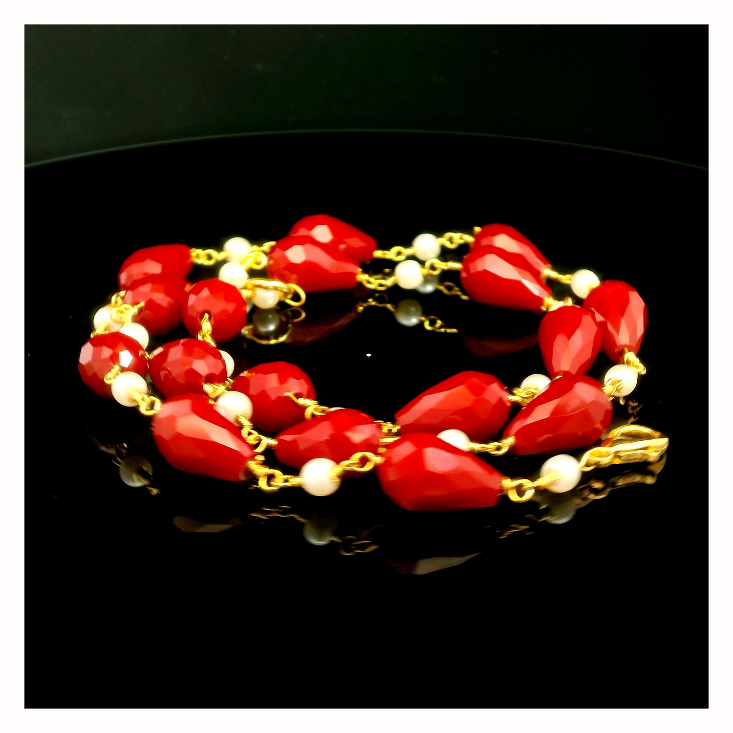 Gehna Jaipur Pearl & Ruby Gemstone Drop Beads Necklace Made In Gold Plated For Girls & Women CM-1163 - Image 3