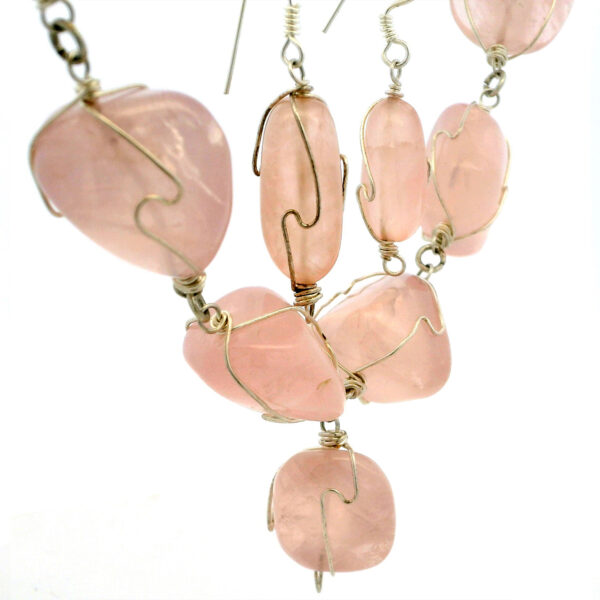 Gehna Jaipur Rose Quartz Gemstone Bead Necklace & Earring Set In .925 Sterling Silver  For Girls & Women CS-1222